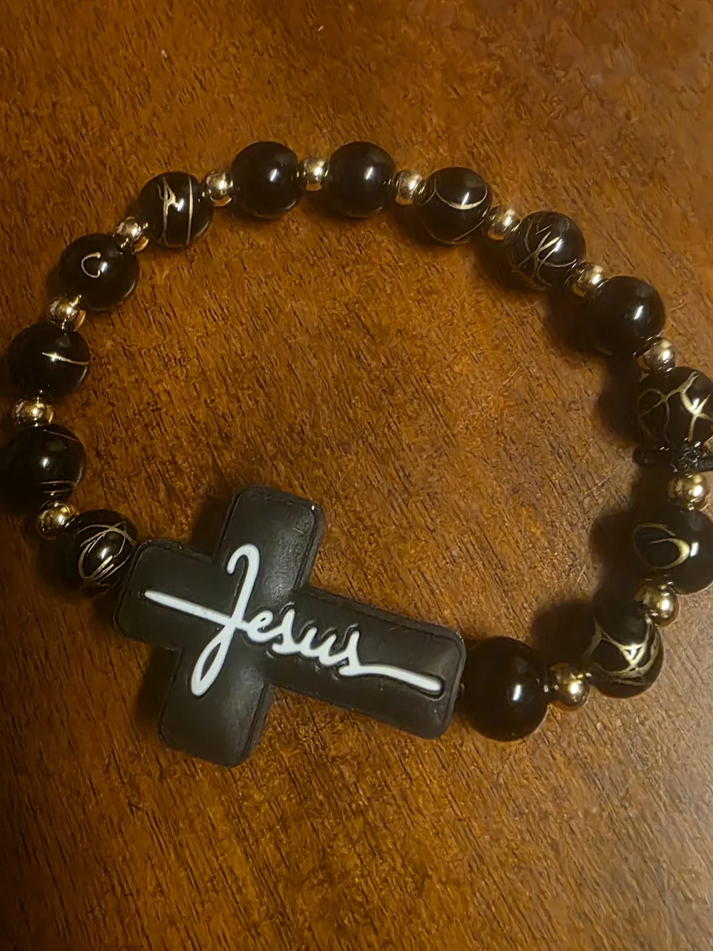 Jesus Cross Black Gold Beaded Stretch Bracelet